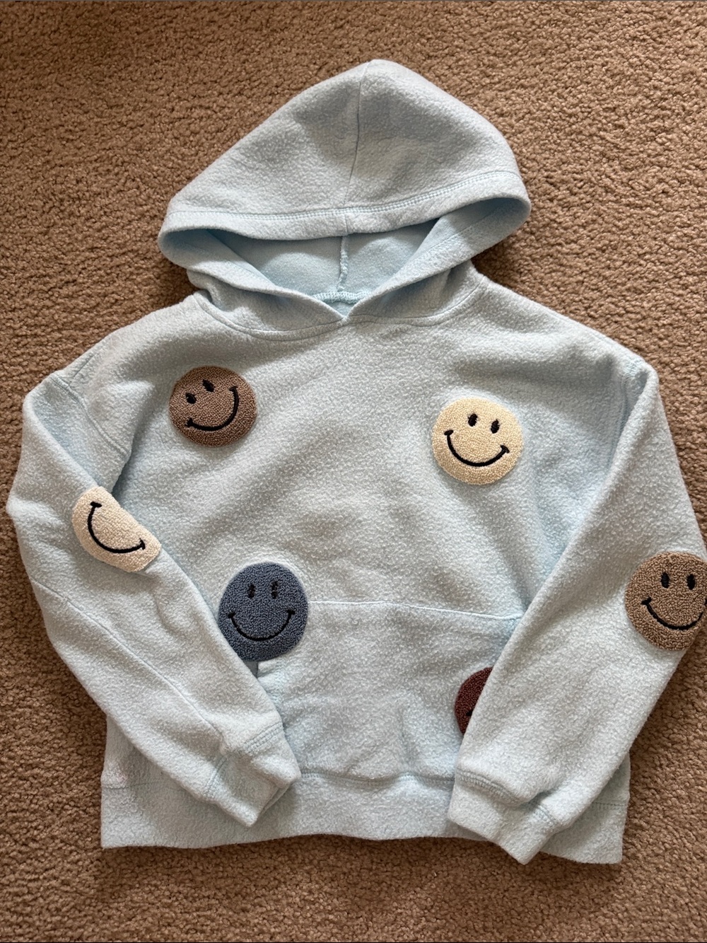 Vintage Havana Light Blue Hoodie with Multicolor Smiley Patches